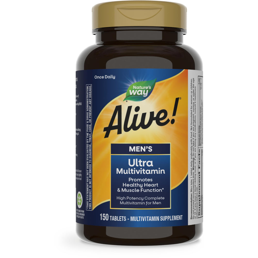 Nature’s Way Alive! Men’s Once Daily Ultra Potency bottle showing simple daily nutrition for active men