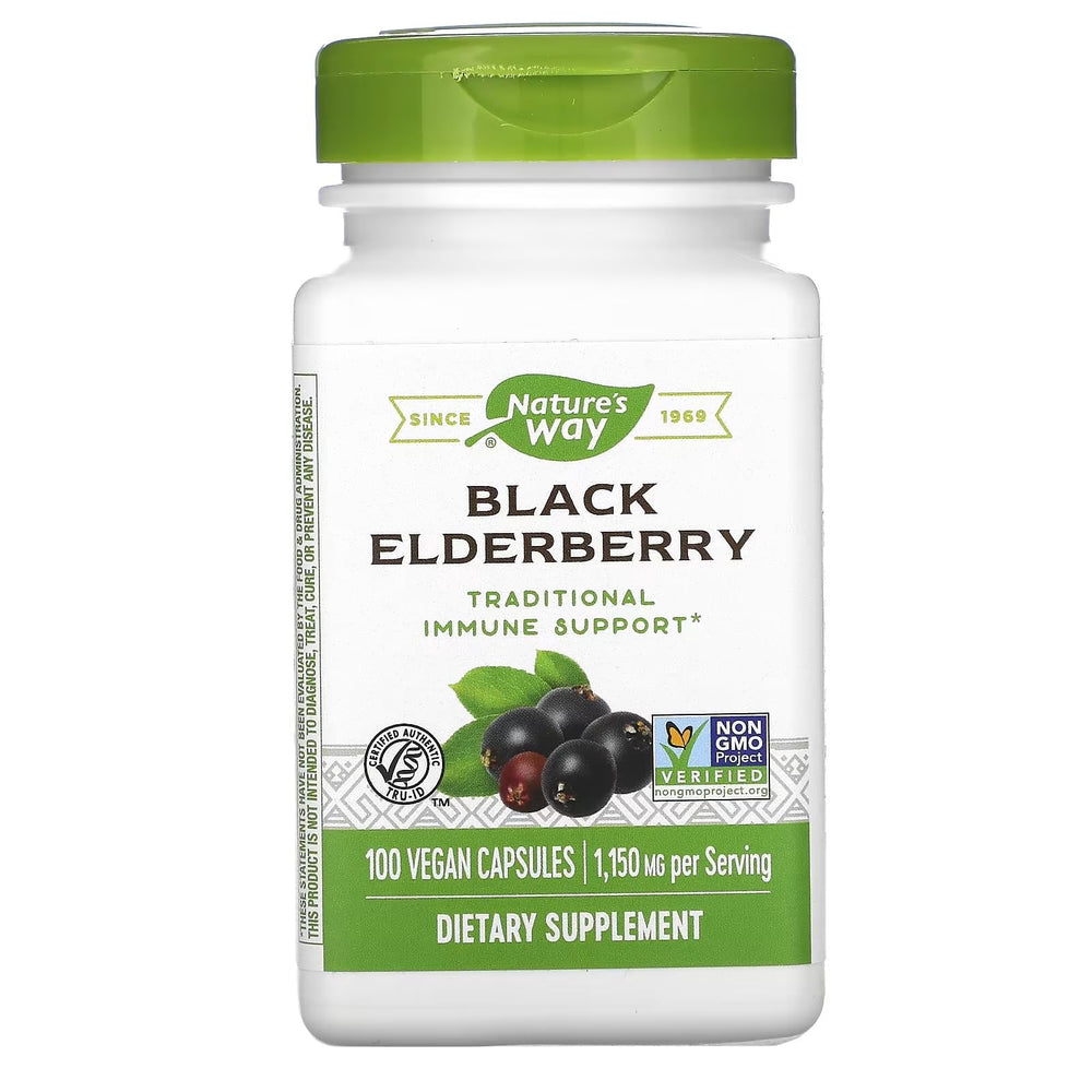Nature's Way Black Elderberry capsules pack on shelf, highlighting traditional immune support option.