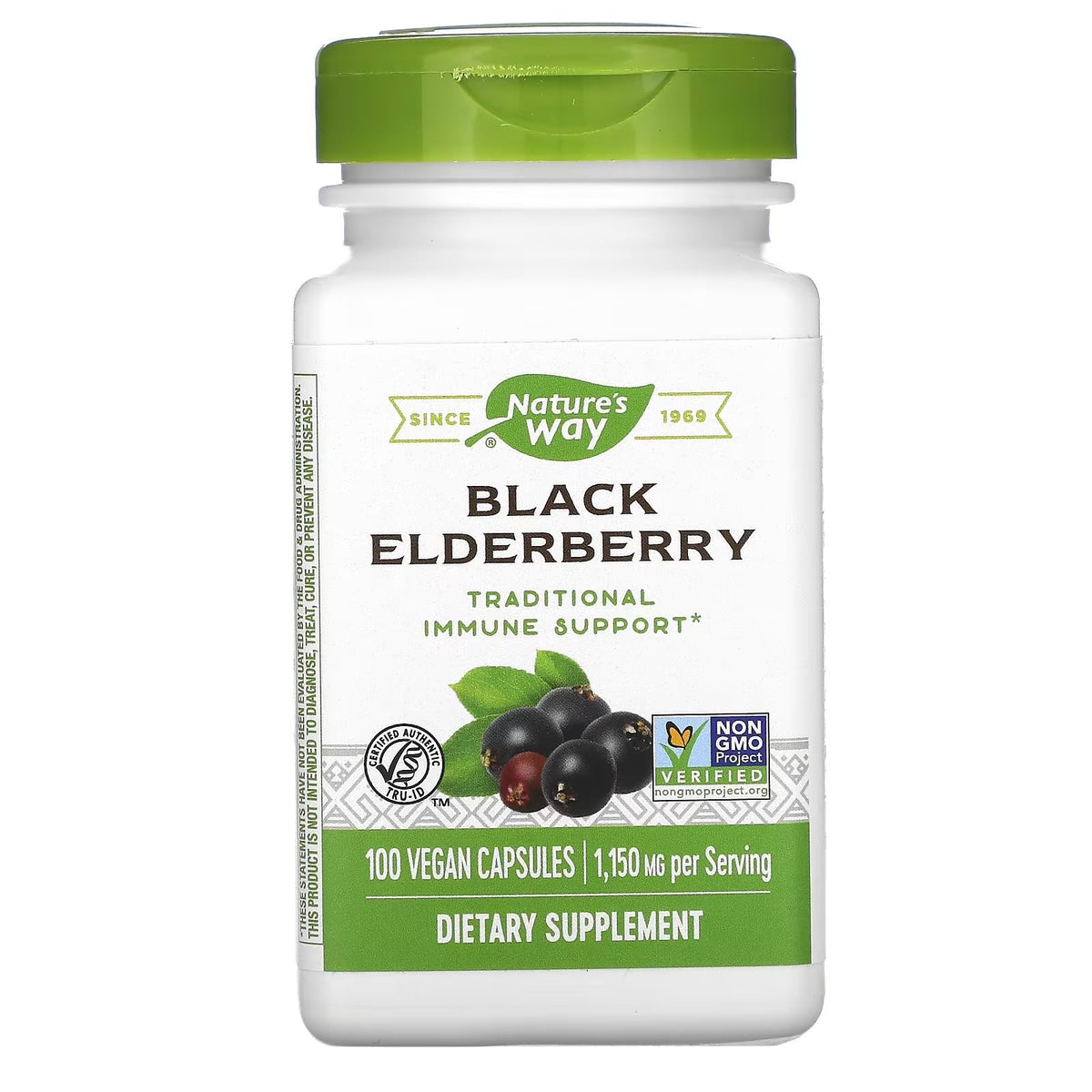 Nature's Way Black Elderberry capsules pack on shelf, highlighting traditional immune support option.