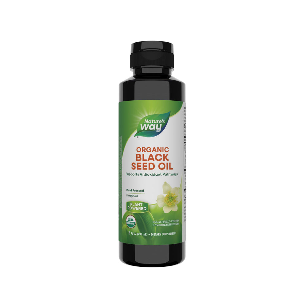 Nature's Way Black Seed Oil bottle pour for easy daily dosing.