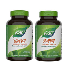 Nature's Way Calcium Citrate bottle label shows 500 mg per 2-capsule serving for bone support.