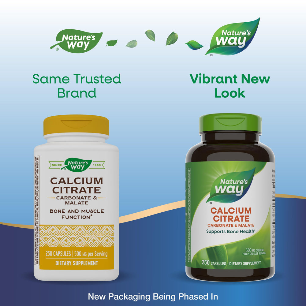 Nature's Way calcium citrate bottle on shelf conveys trusted calcium blend for muscle function.