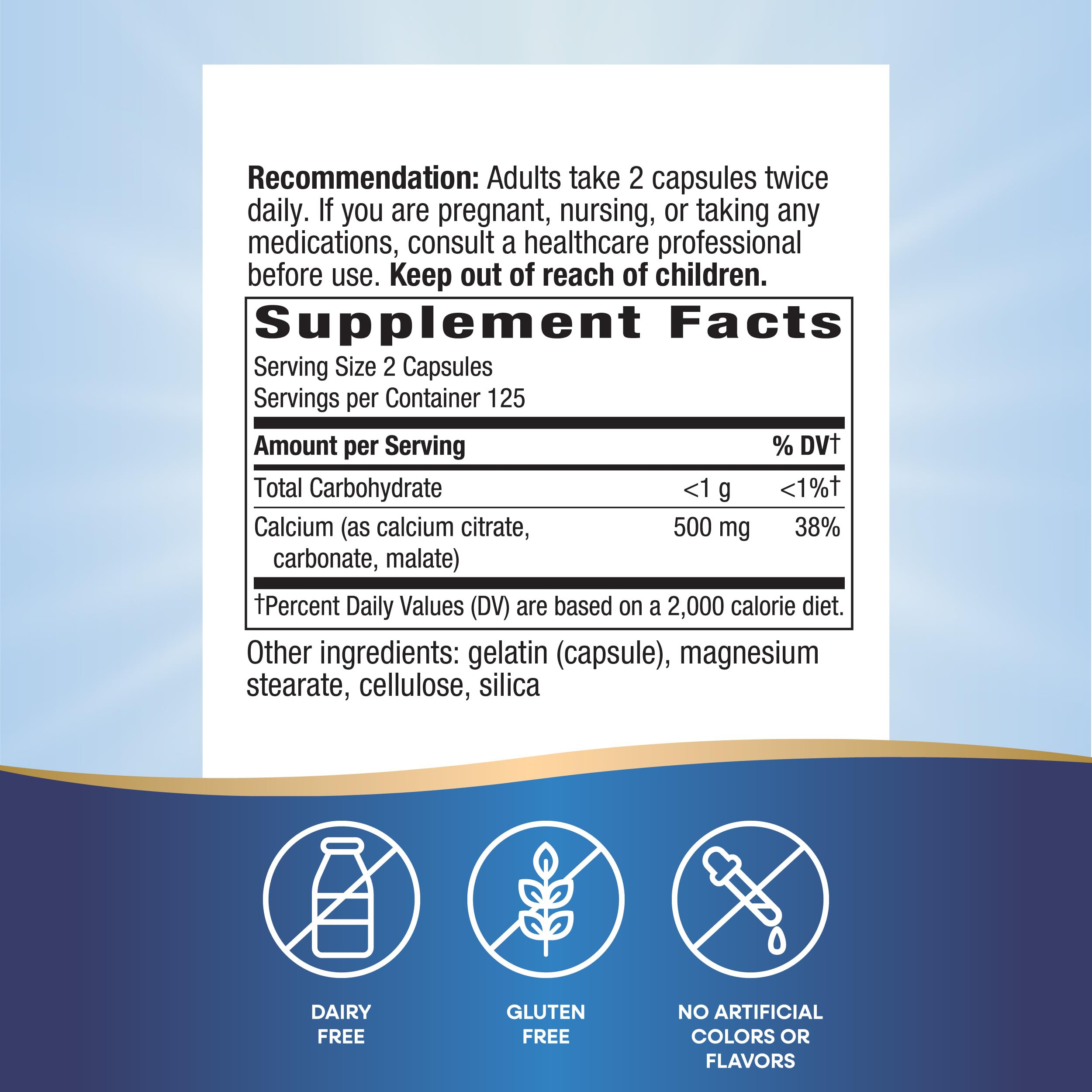 Nature's Way calcium citrate capsules close-up highlights gluten-free formula for dairy-free wellness.