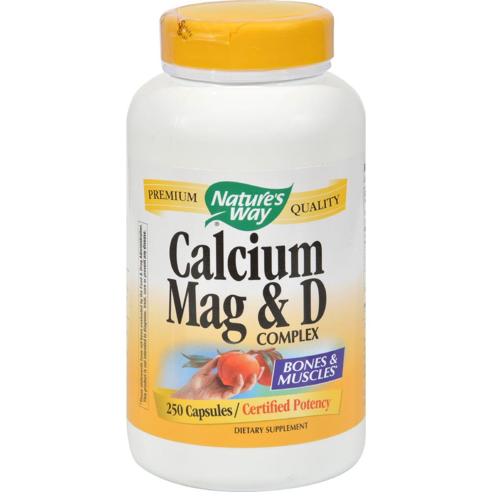 Nature's Way Calcium Magnesium Vitamin D bottle, highlighting daily support for bones and muscles.