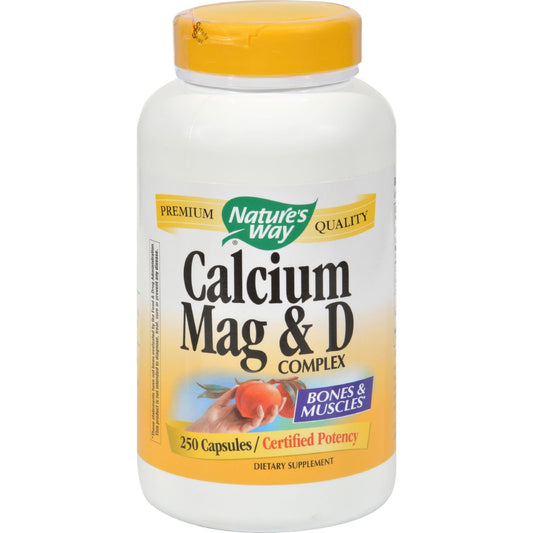 Nature's Way Calcium Magnesium Vitamin D bottle, highlighting daily support for bones and muscles.