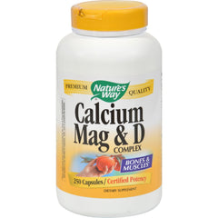 Nature's Way Calcium Magnesium Vitamin D bottle, highlighting daily support for bones and muscles.