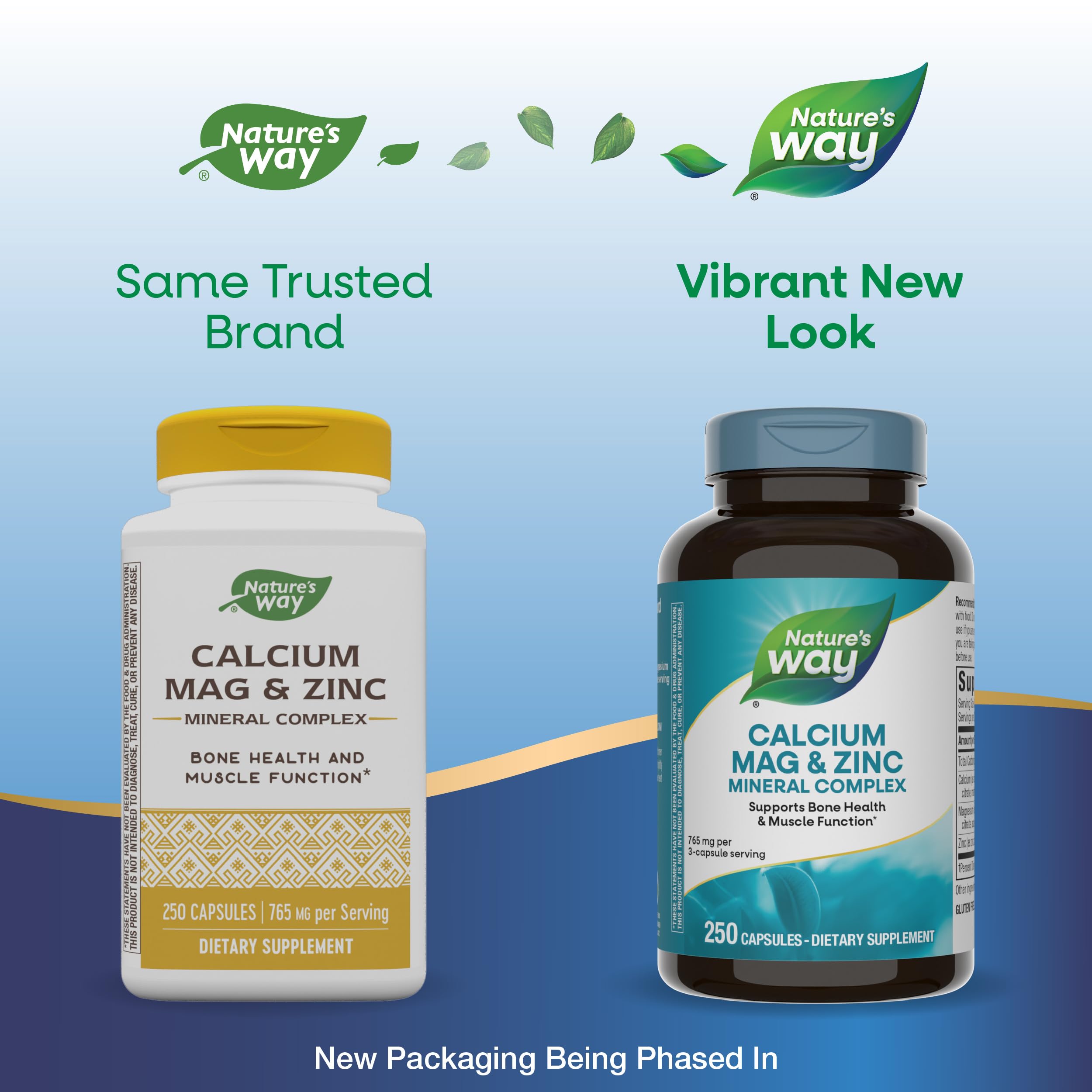 Nature's Way Calcium Magnesium Zinc bottle with label, promotes bone and muscle health.
