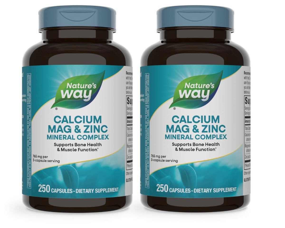 Nature's Way Calcium Magnesium Zinc bottle, supports bone health and muscle function.