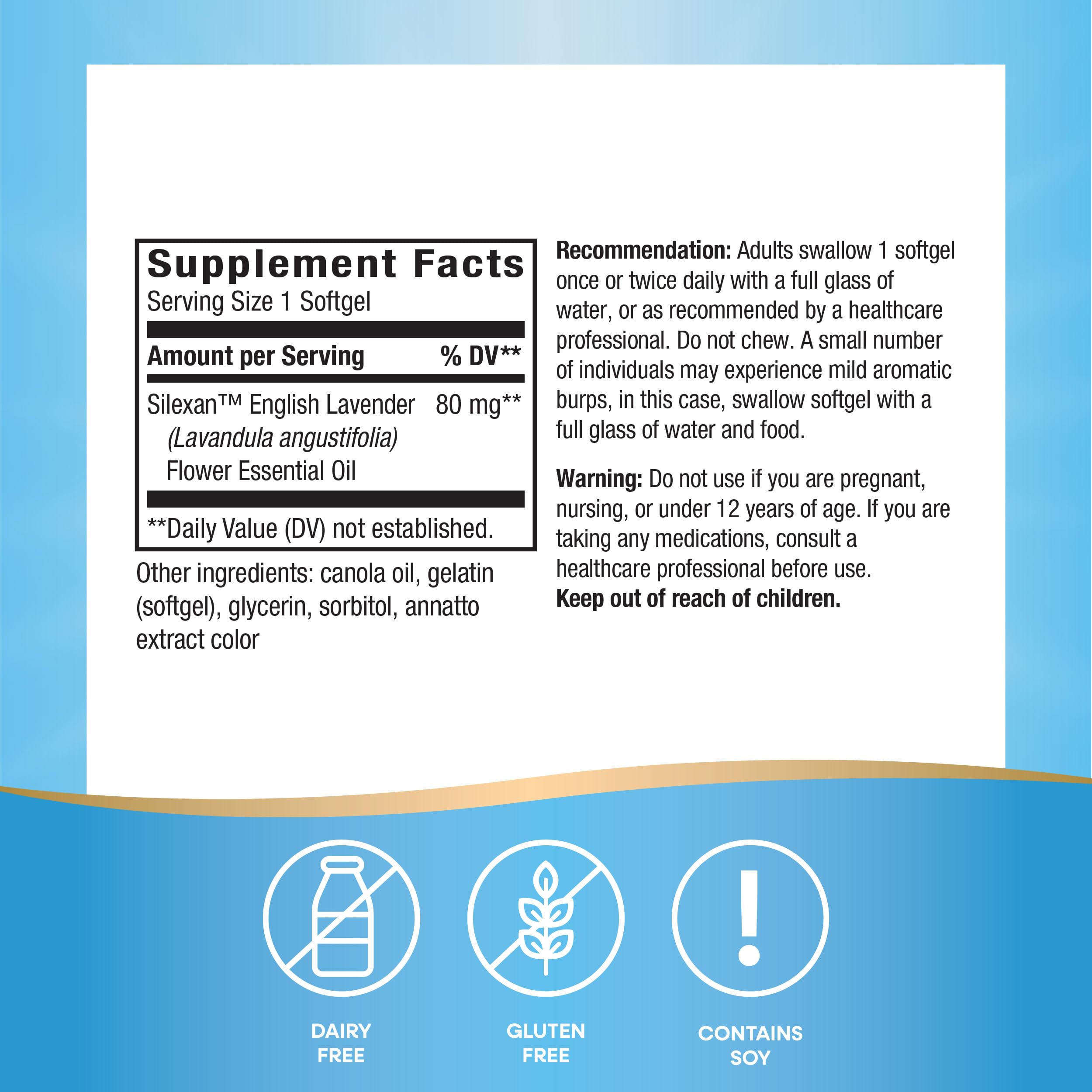 Closeup of CalmAid label showing gluten-free and soy content.