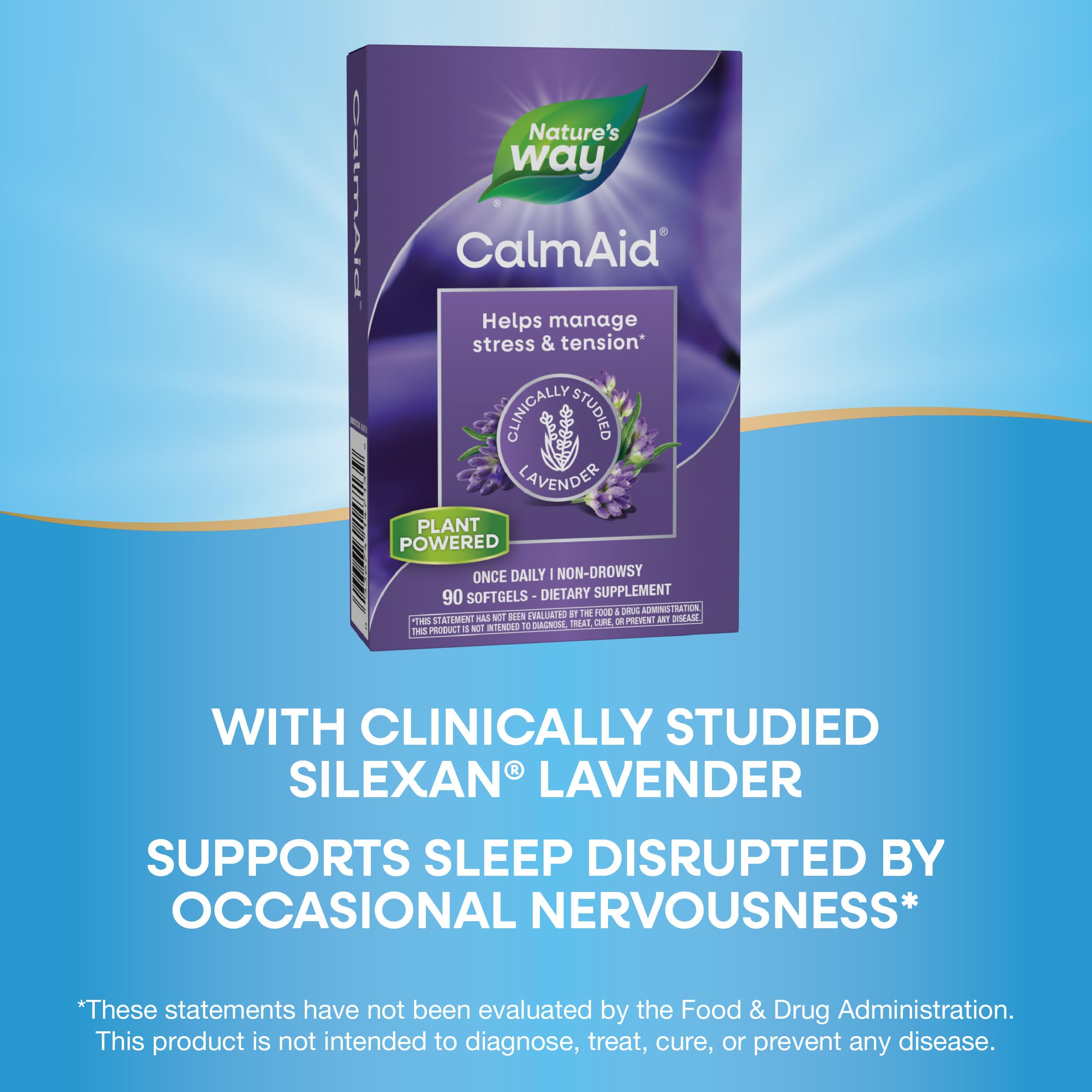 CalmAid packaging box highlights the Silexan lavender oil formulation.