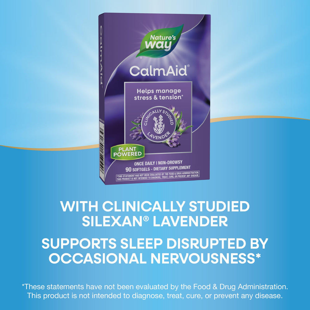 CalmAid packaging box highlights the Silexan lavender oil formulation.