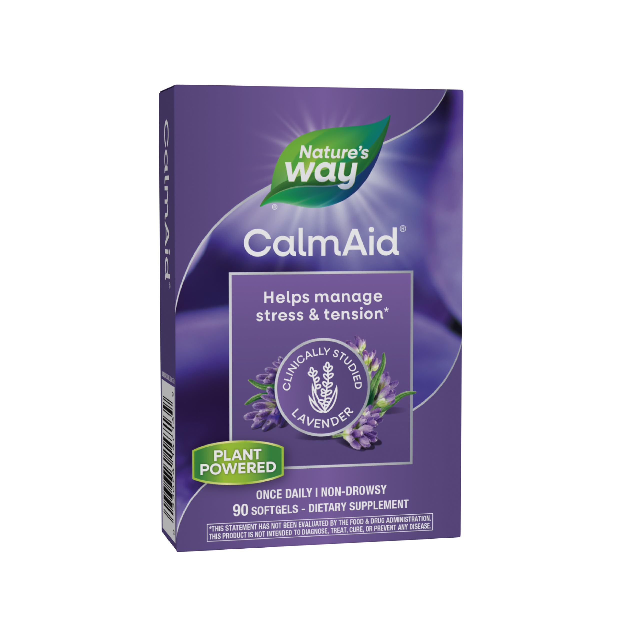 Nature's Way CalmAid softgel bottle shown for daily non-drowsy stress support.
