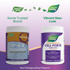 Nature's Way Cell Forte bottle on kitchen counter with glass of citrus drink