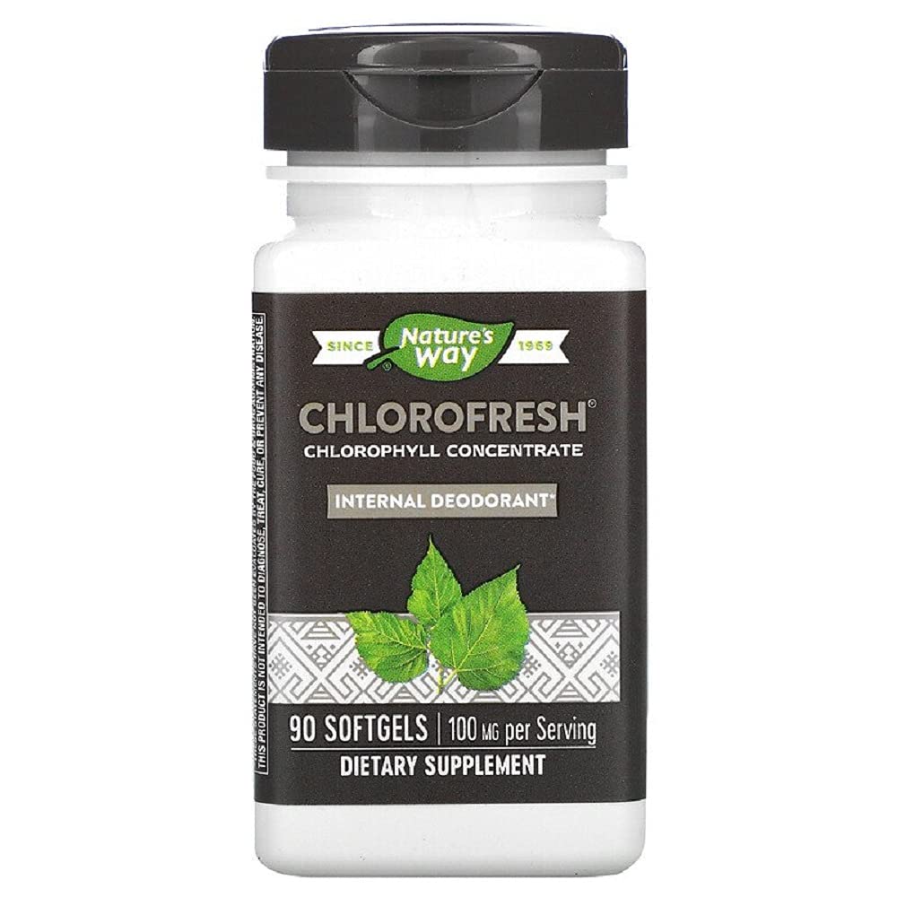 Nature's Way Chlorofresh 90 softgels bottle, convenient internal deodorant support.