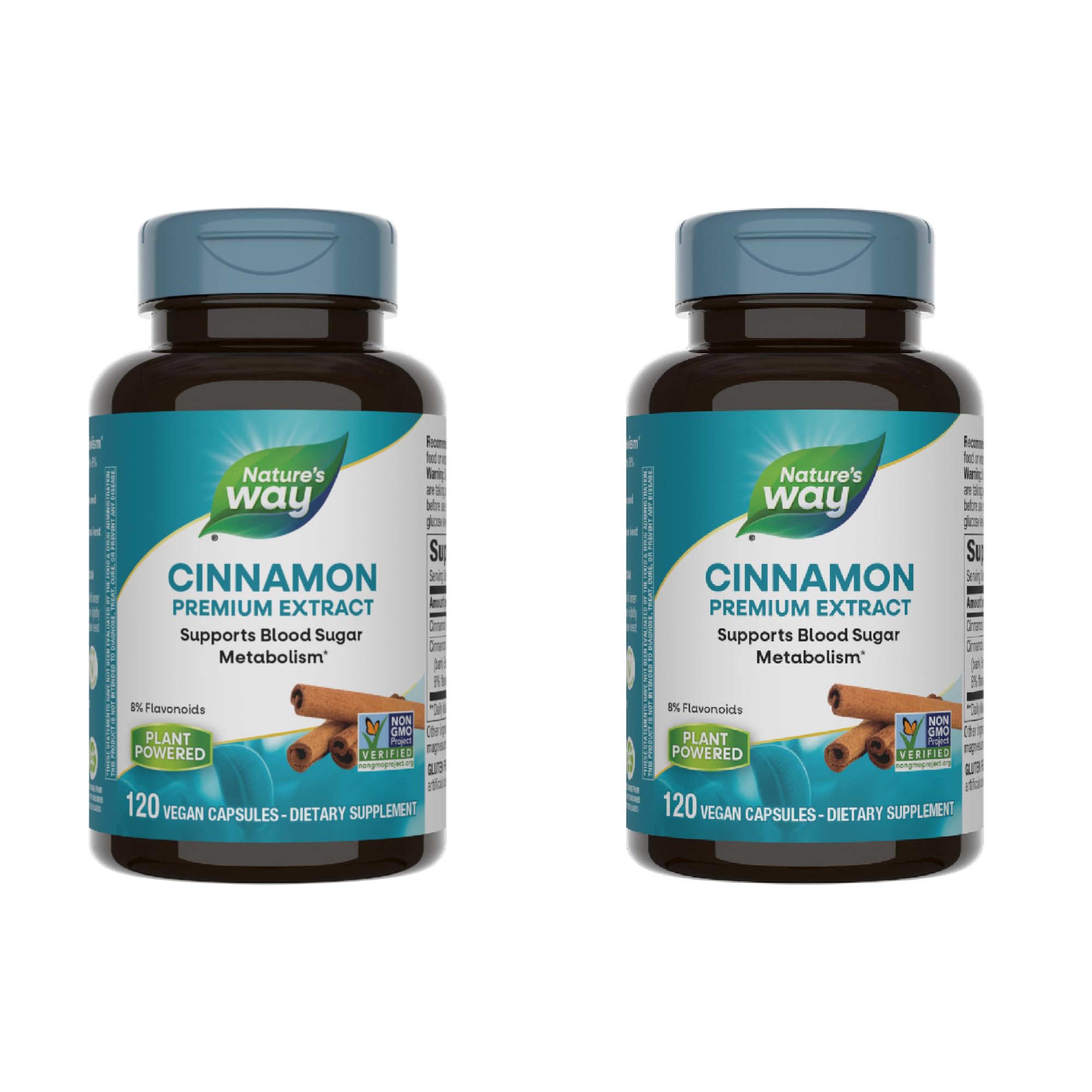 Nature's Way Cinnamon Premium Extract bottle front shows vegan capsules and 8% flavonoids.