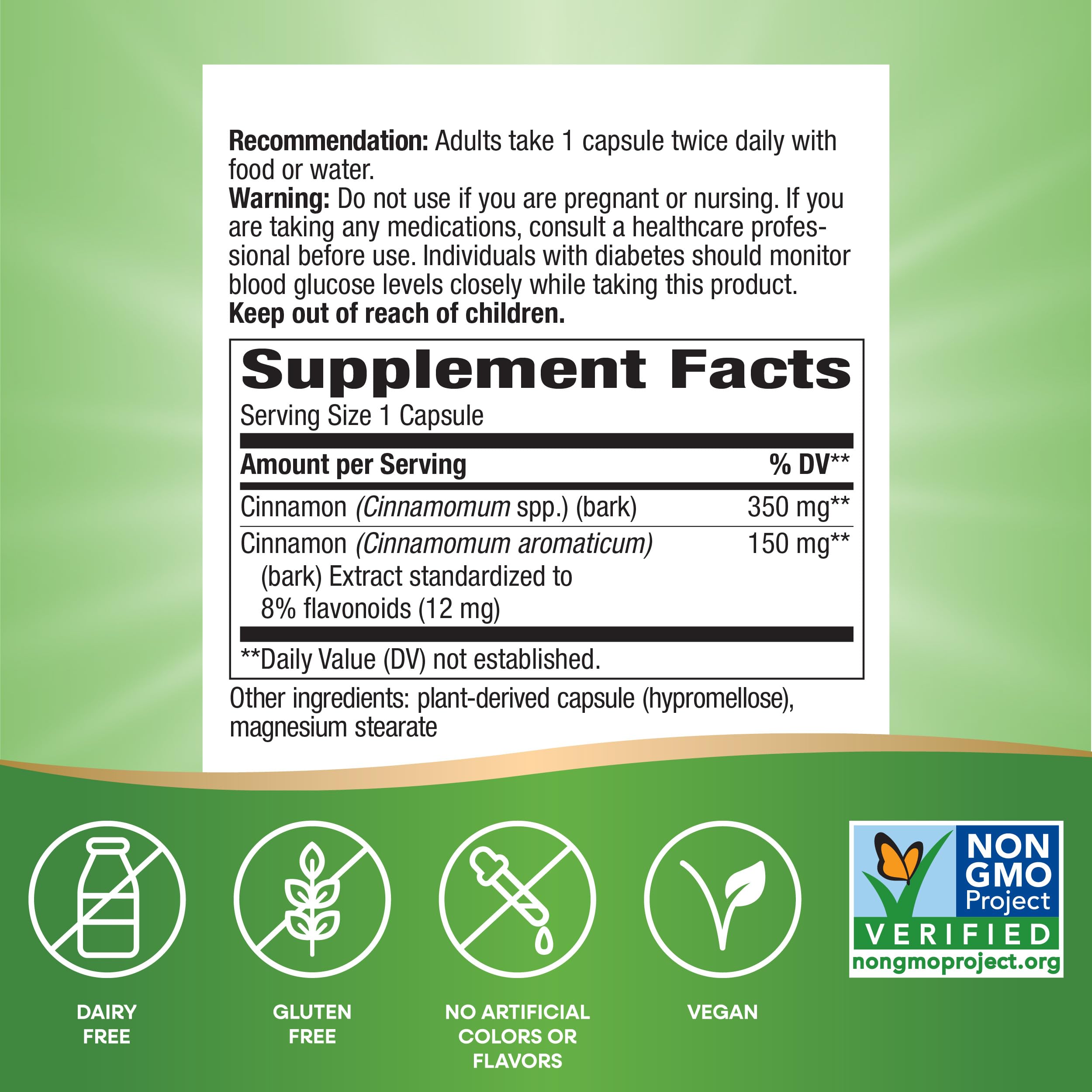 Nature's Way Cinnamon Premium Extract bottle label highlights Non-GMO and gluten-free formulation.