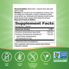 Nature's Way Cinnamon Premium Extract bottle label highlights Non-GMO and gluten-free formulation.