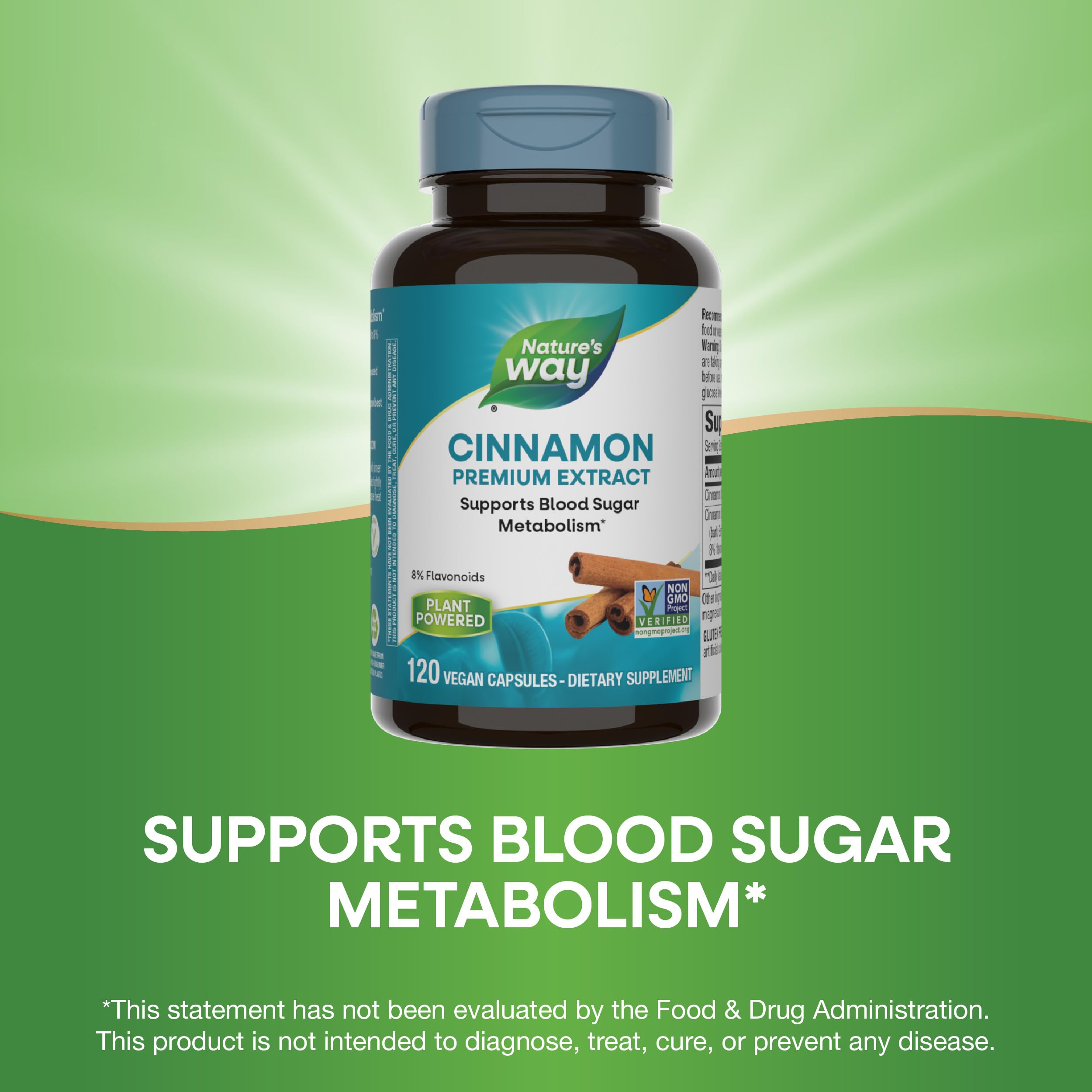 Nature's Way Cinnamon Premium Extract ingredients panel shows natural cinnamon bark.