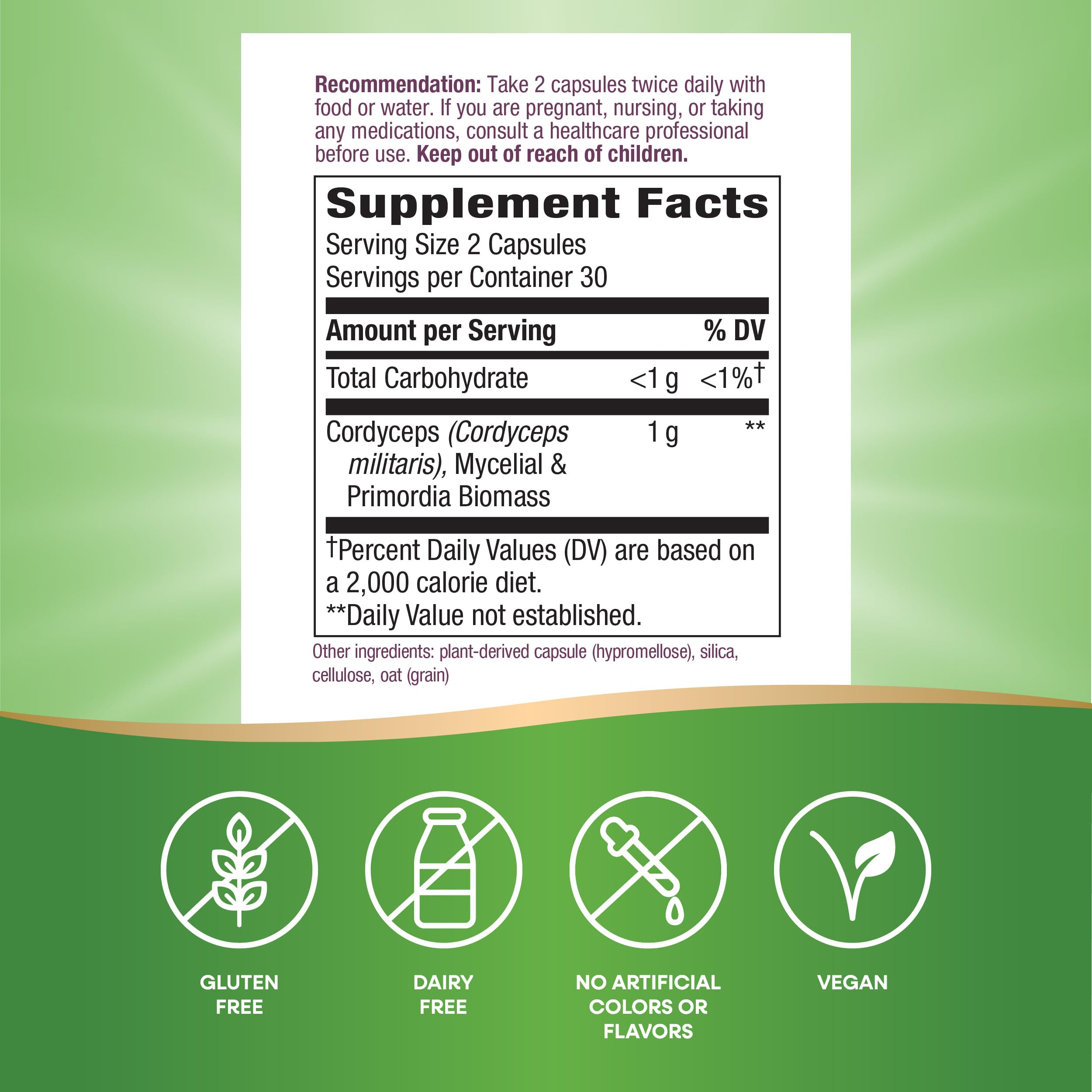 Two capsules serving of Nature's Way Cordyceps Premium for convenient daily dose