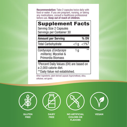 Two capsules serving of Nature's Way Cordyceps Premium for convenient daily dose