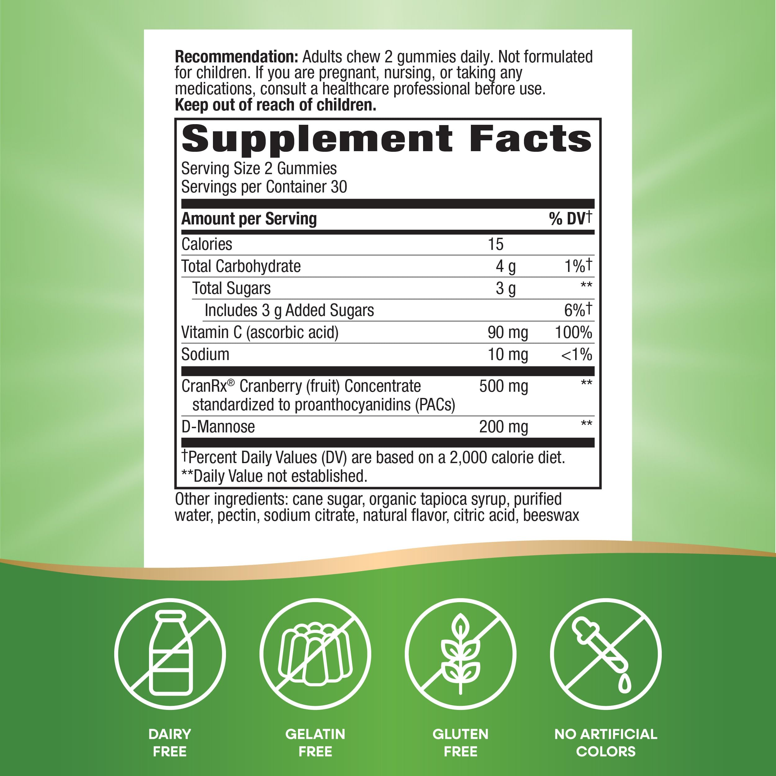Nature's Way CranRx gummies labeled gluten-free and vegetarian for inclusive use