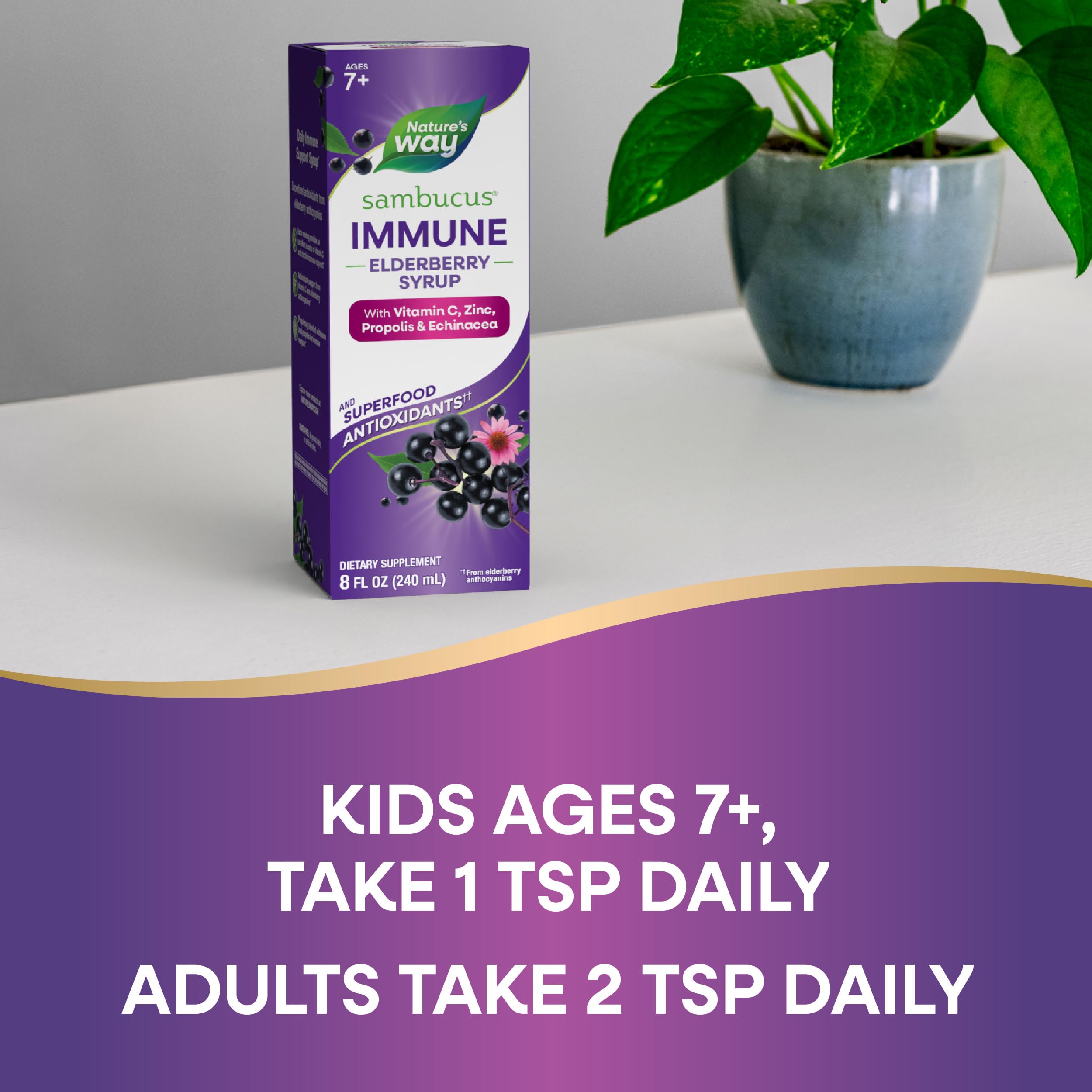 Dosing guidance shows adults and children daily routines.