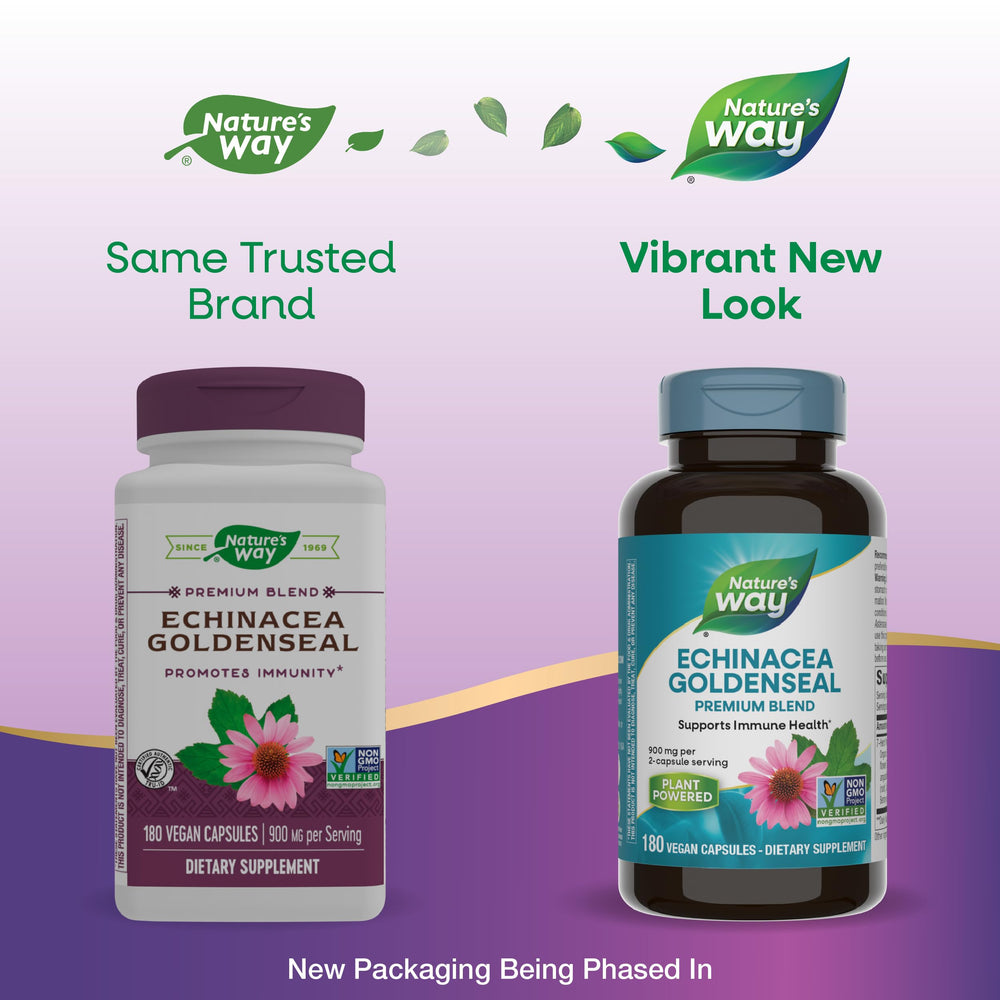 Nature's Way Echinacea Goldenseal capsules close-up suggests gluten-free, vegetarian formula