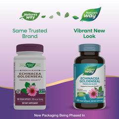 Nature's Way Echinacea Goldenseal capsules close-up suggests gluten-free, vegetarian formula