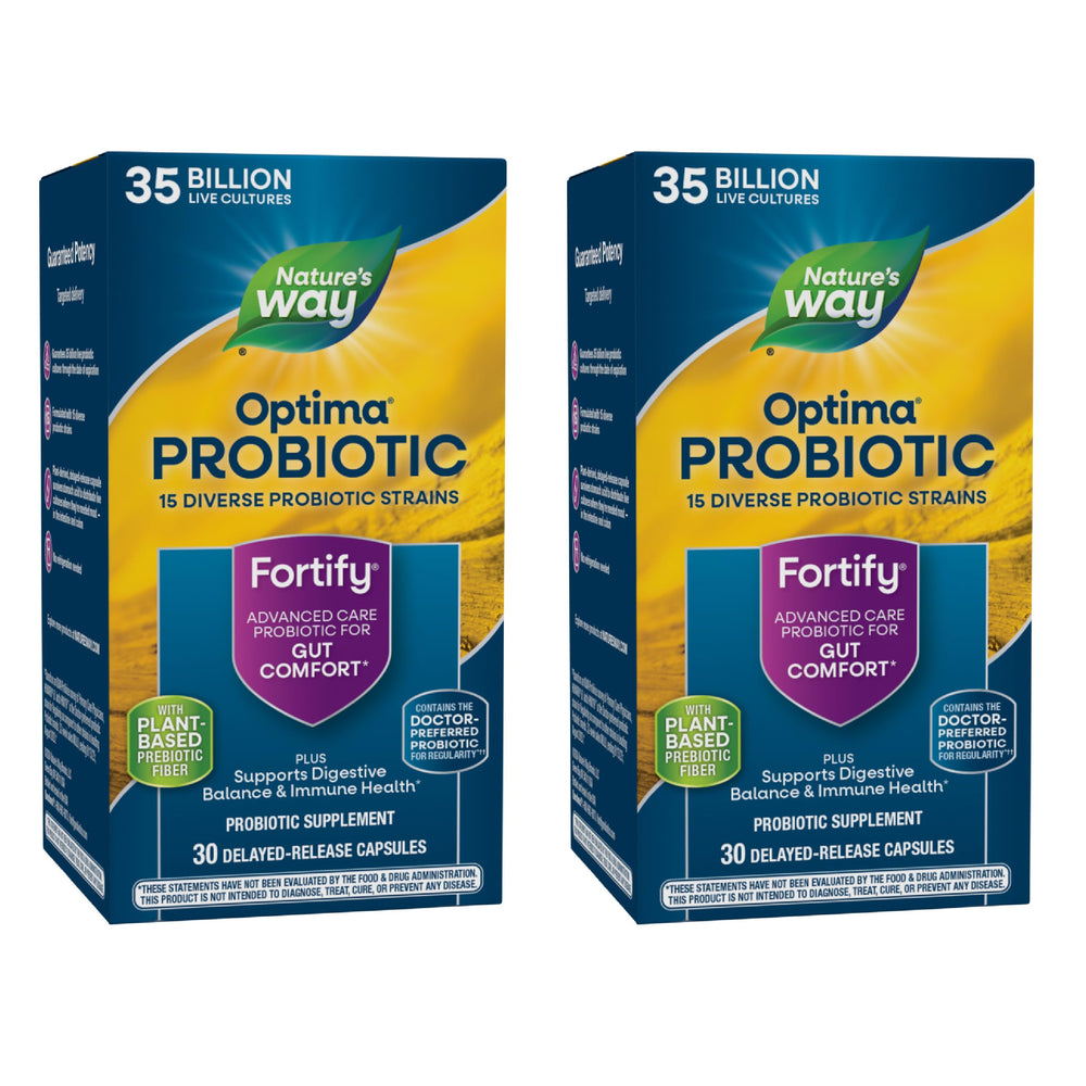 Nature's Way Fortify Optima bottle front, 35B CFUs and 14 strains support daily digestive balance.