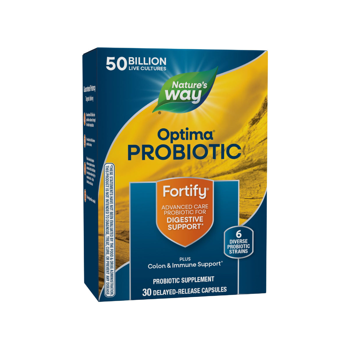 Nature's Way Fortify Optima bottle showing 50 billion cultures for daily digestive support.