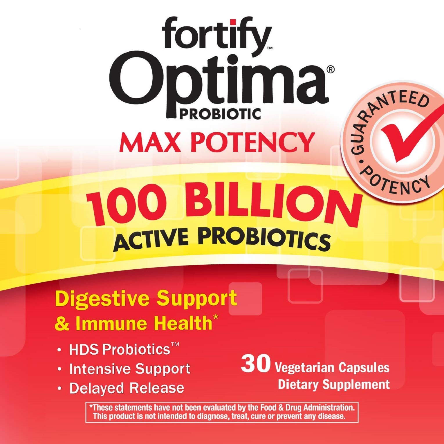 Fortify Optima bottle label shows 15 probiotic strains for broad support.