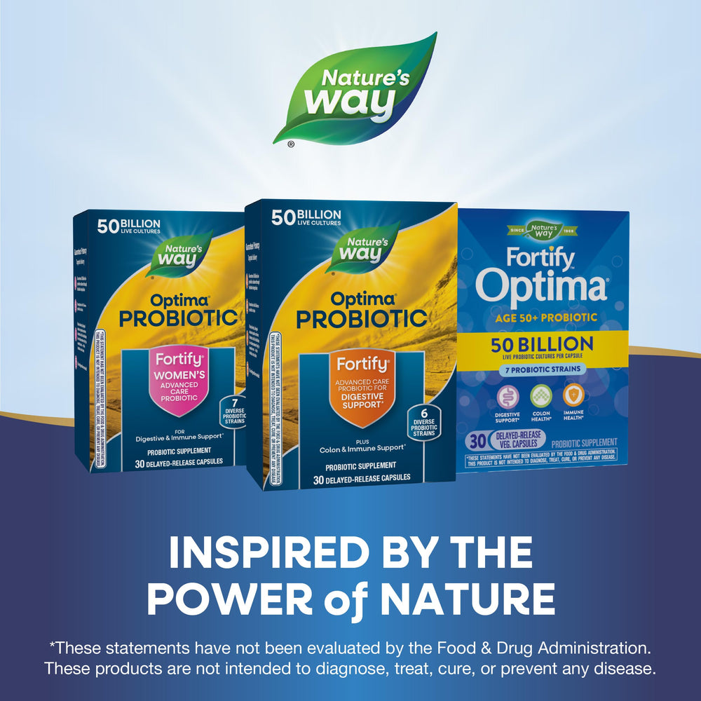 Gut health illustration showing balance and immunity alongside Nature's Way Fortify Optima.