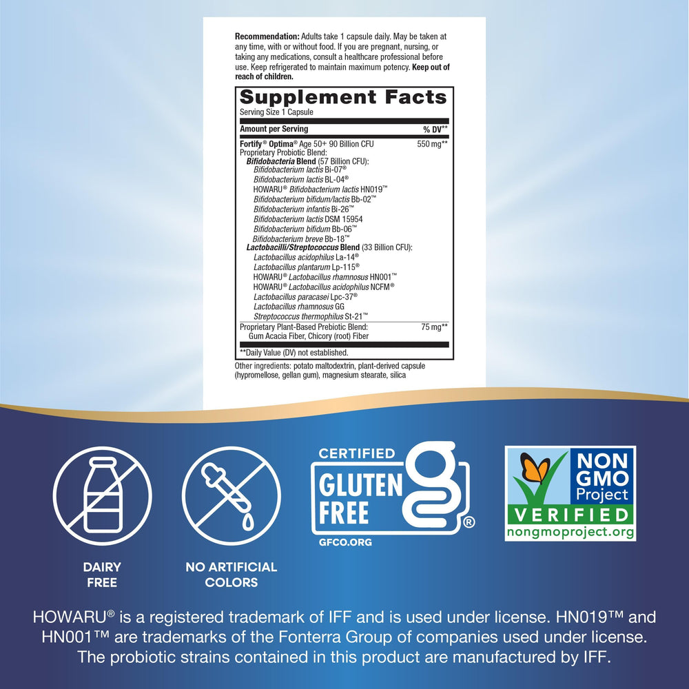 Fortify Optima bottle back label highlights 15 strains and regularity notes.