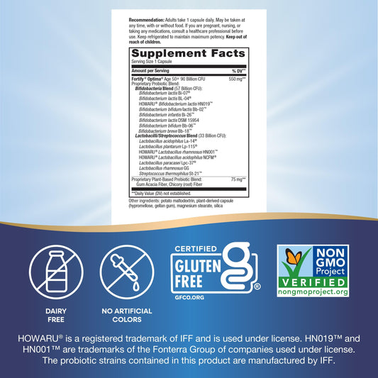 Fortify Optima bottle back label highlights 15 strains and regularity notes.