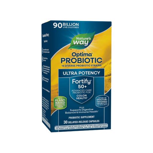 Nature's Way Fortify Optima probiotic bottle front shows 90 billion cultures for daily gut support.