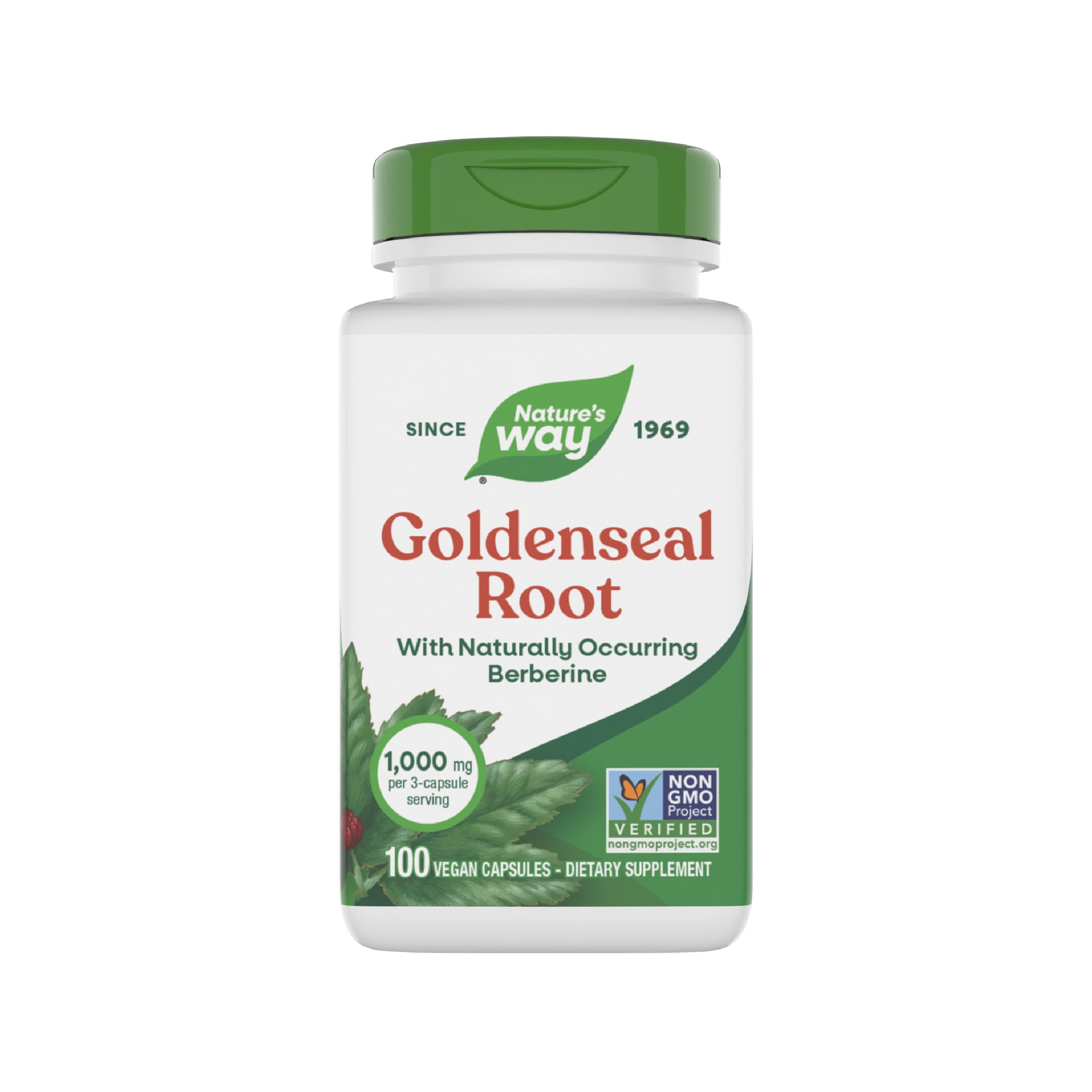 Nature's Way Goldenseal Root bottle highlights vegan, non-GMO status and traditional balance.