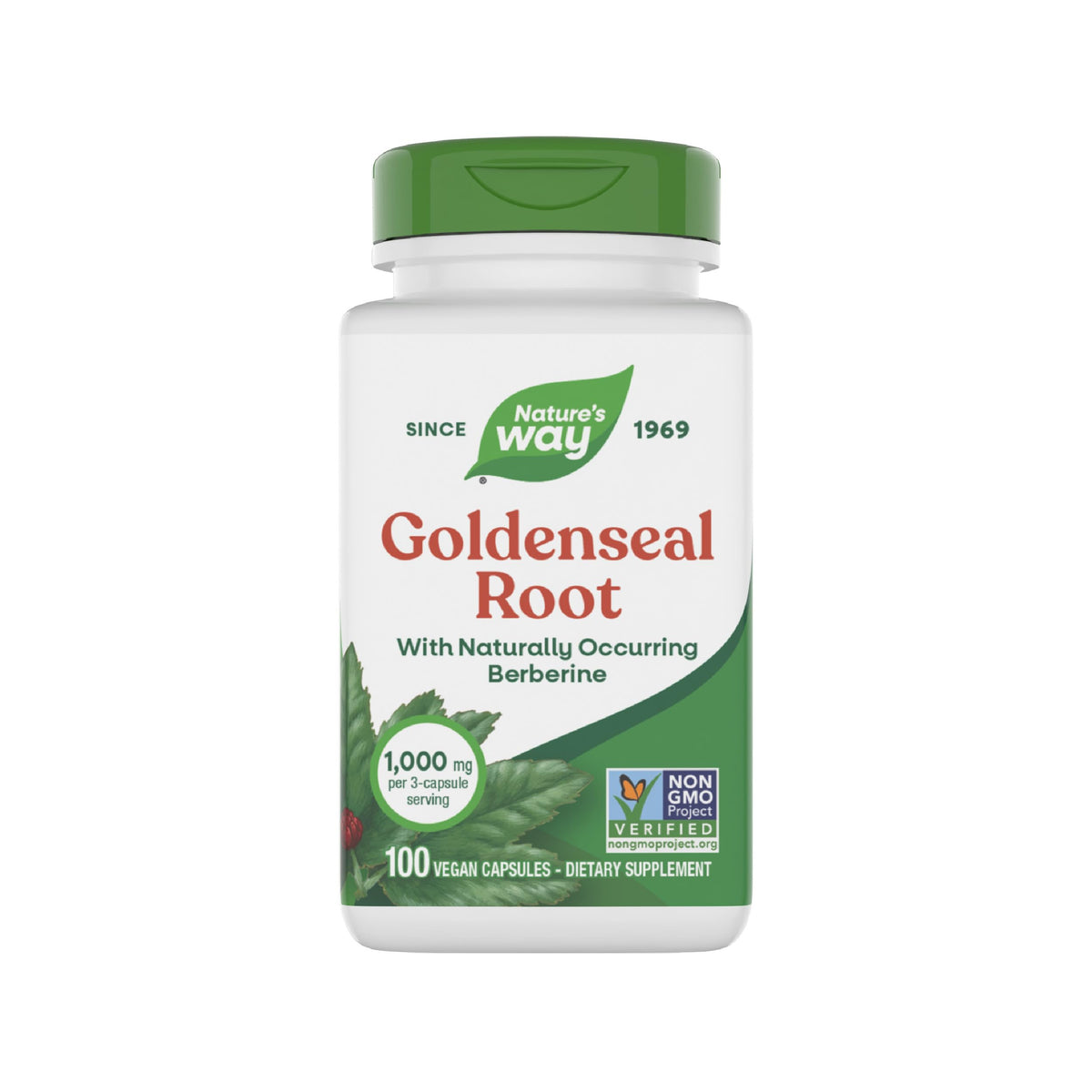 Nature's Way Goldenseal Root bottle highlights vegan, non-GMO status and traditional balance.
