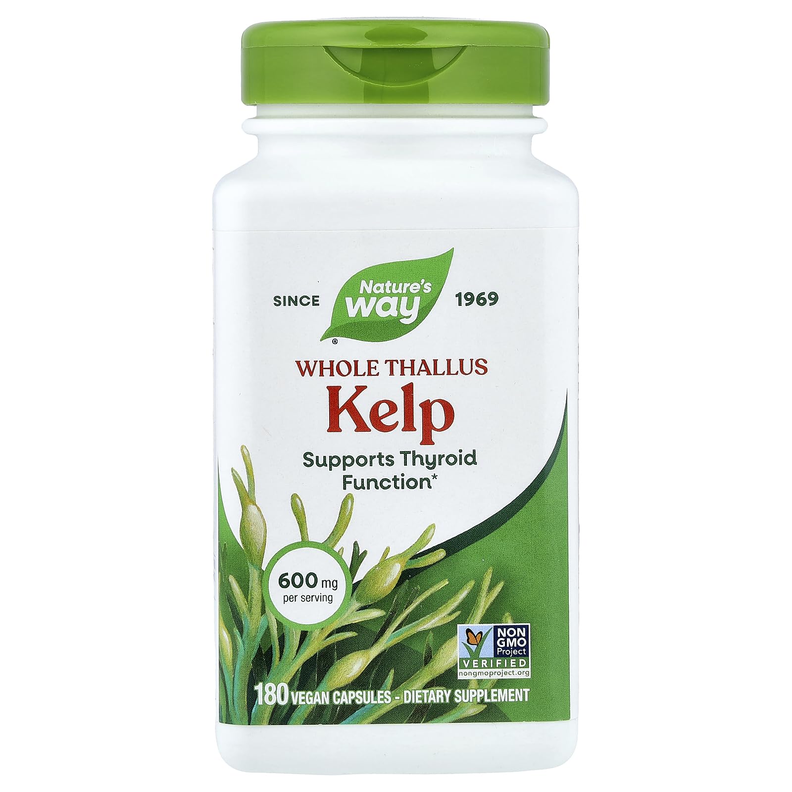 Nature's Way Kelp capsules, front bottle view, supports daily mineral intake.