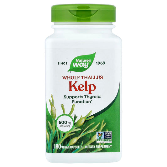 Nature's Way Kelp capsules, front bottle view, supports daily mineral intake.
