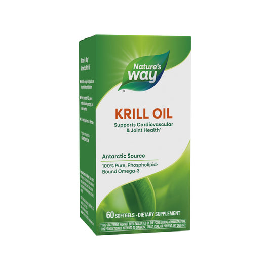 Nature's Way Krill Oil bottle front view highlighting branding and product name for daily joint and heart support