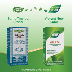 Nature's Way Krill Oil bottle label close-up showing purity and phospholipid omega-3 emphasis