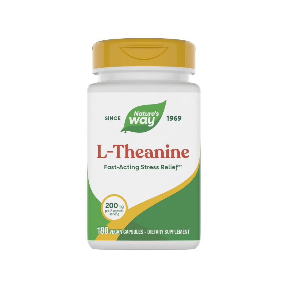 Nature's Way L-Theanine bottle label showing fast-acting stress support