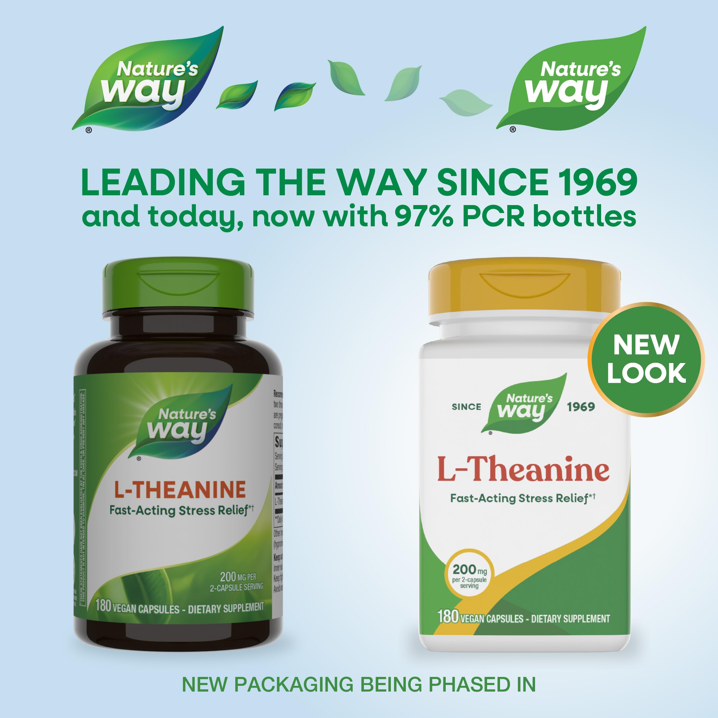 Close-up of Nature's Way L-Theanine capsules highlighting vegan formula
