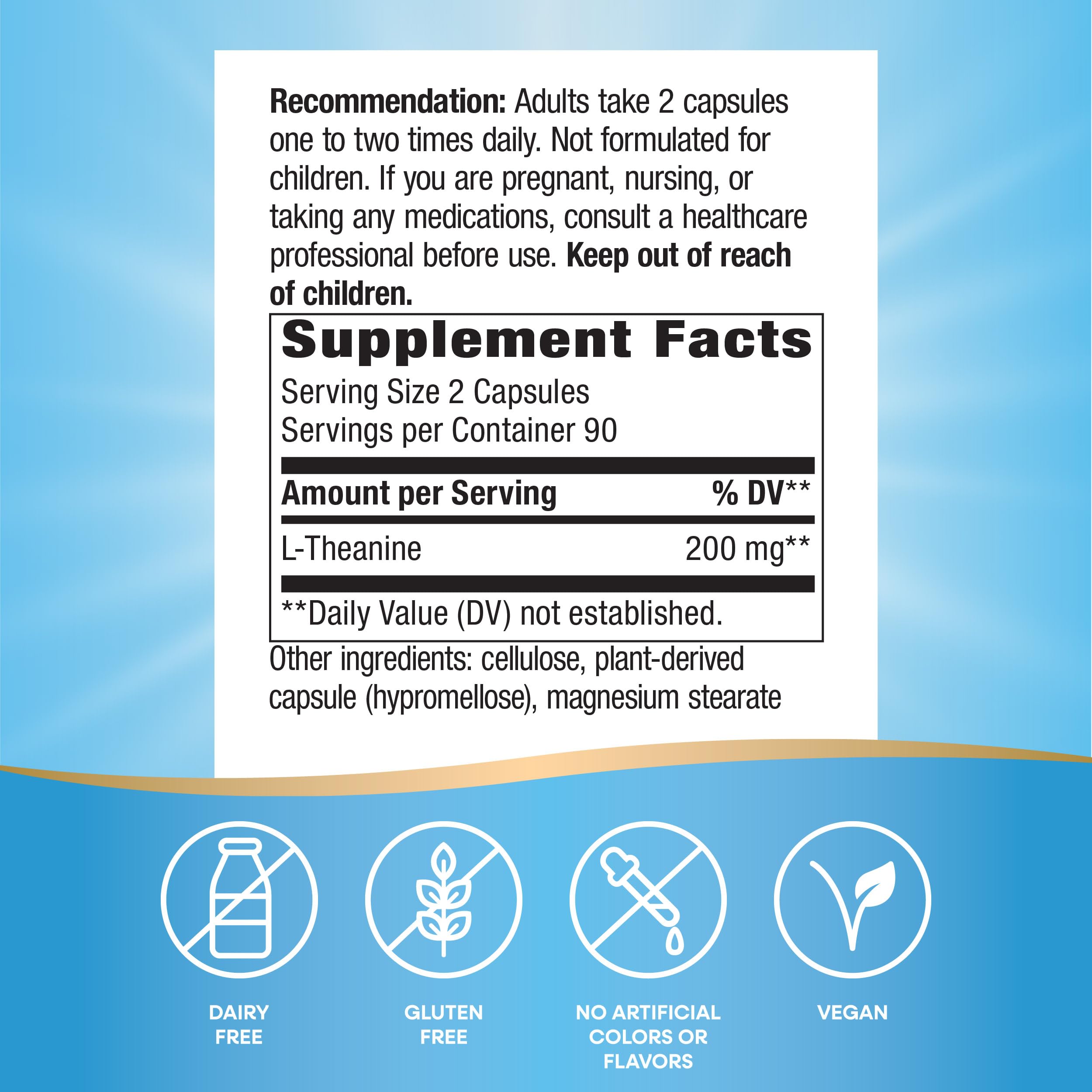 Bottle label demonstrating two-capsule dosage guidance for Nature's Way L-Theanine