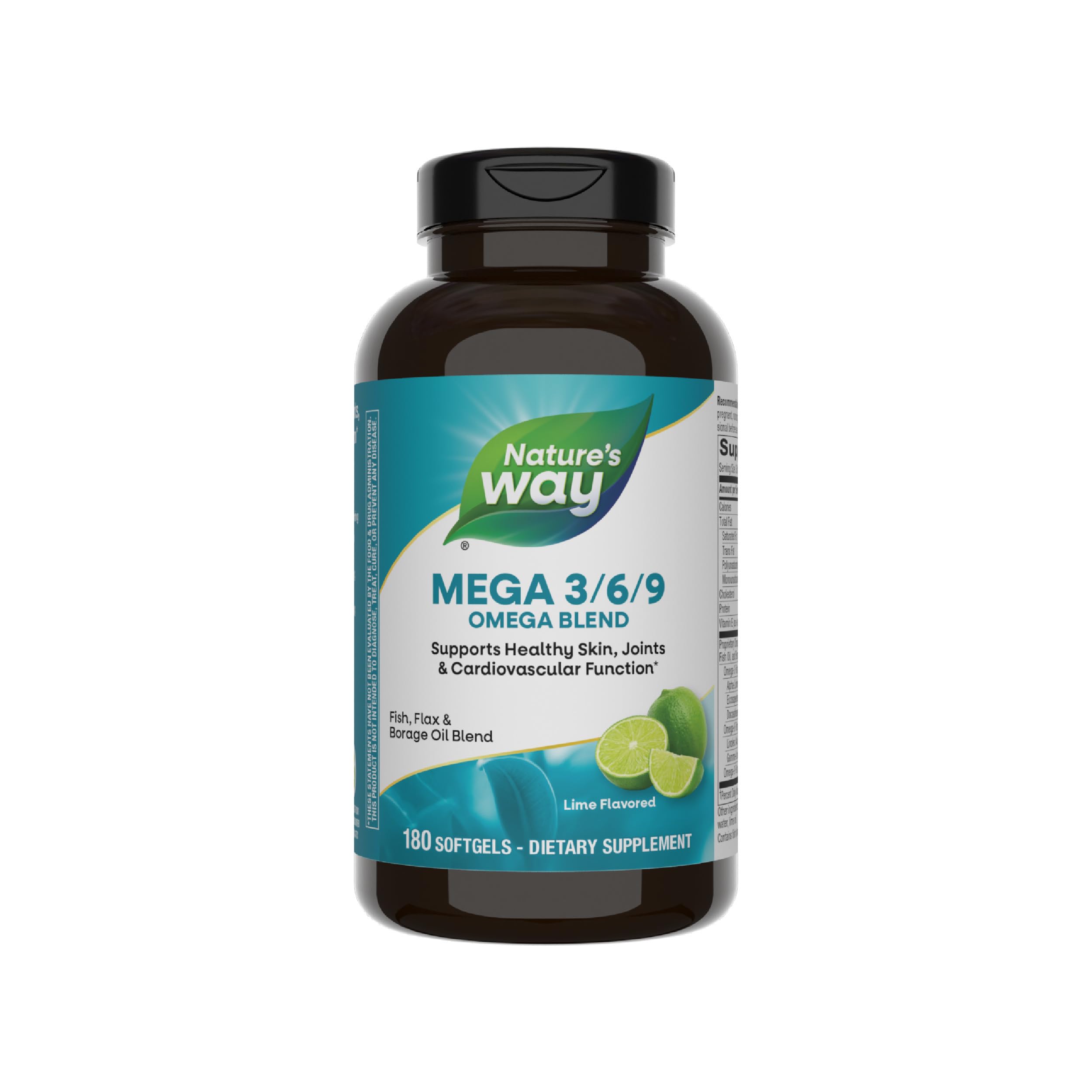 Nature's Way Mega 3/6/9 bottle pour with lime softgels for daily support