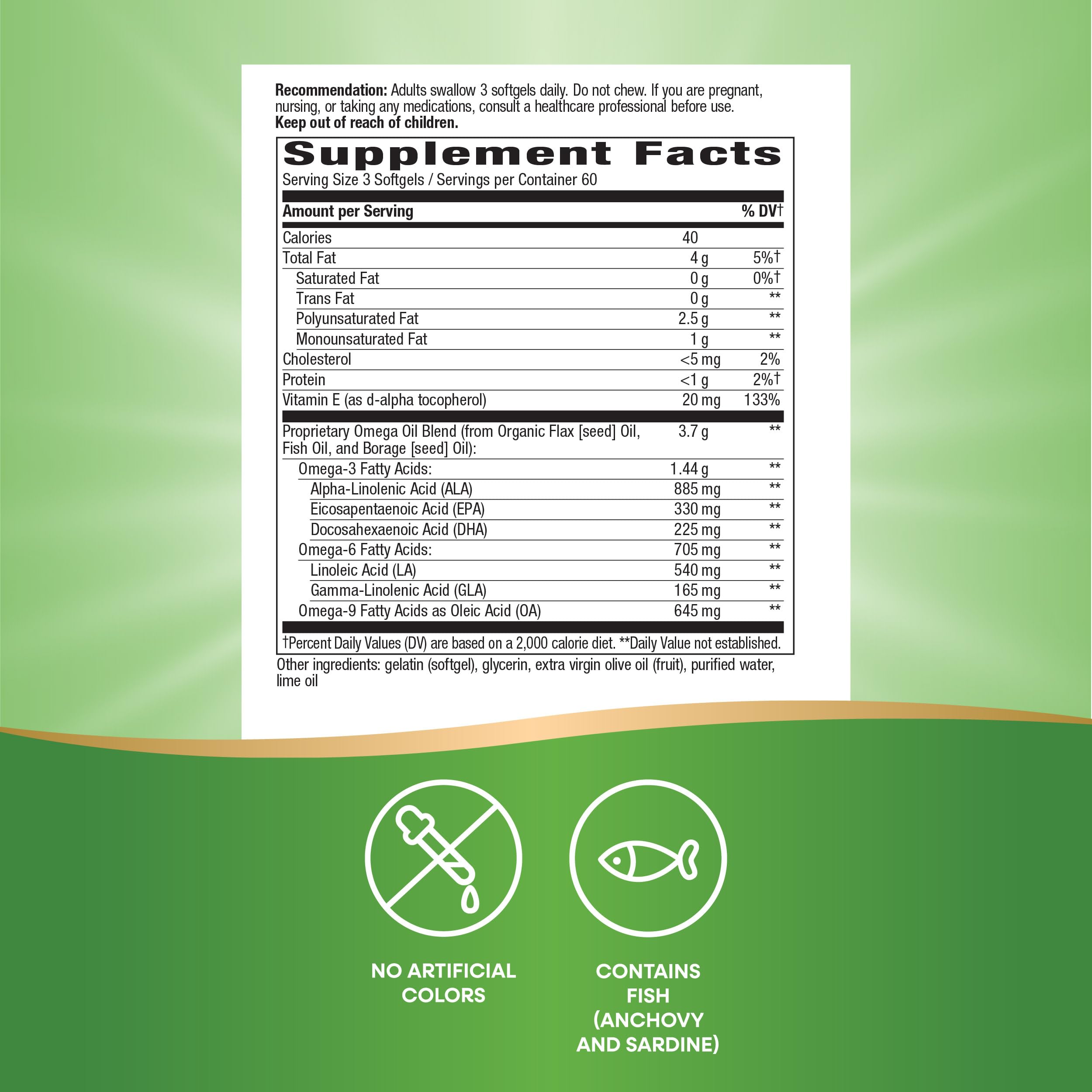 Nature's Way Mega 3/6/9 ingredients graphic illustrating fish, flax, and borage oils