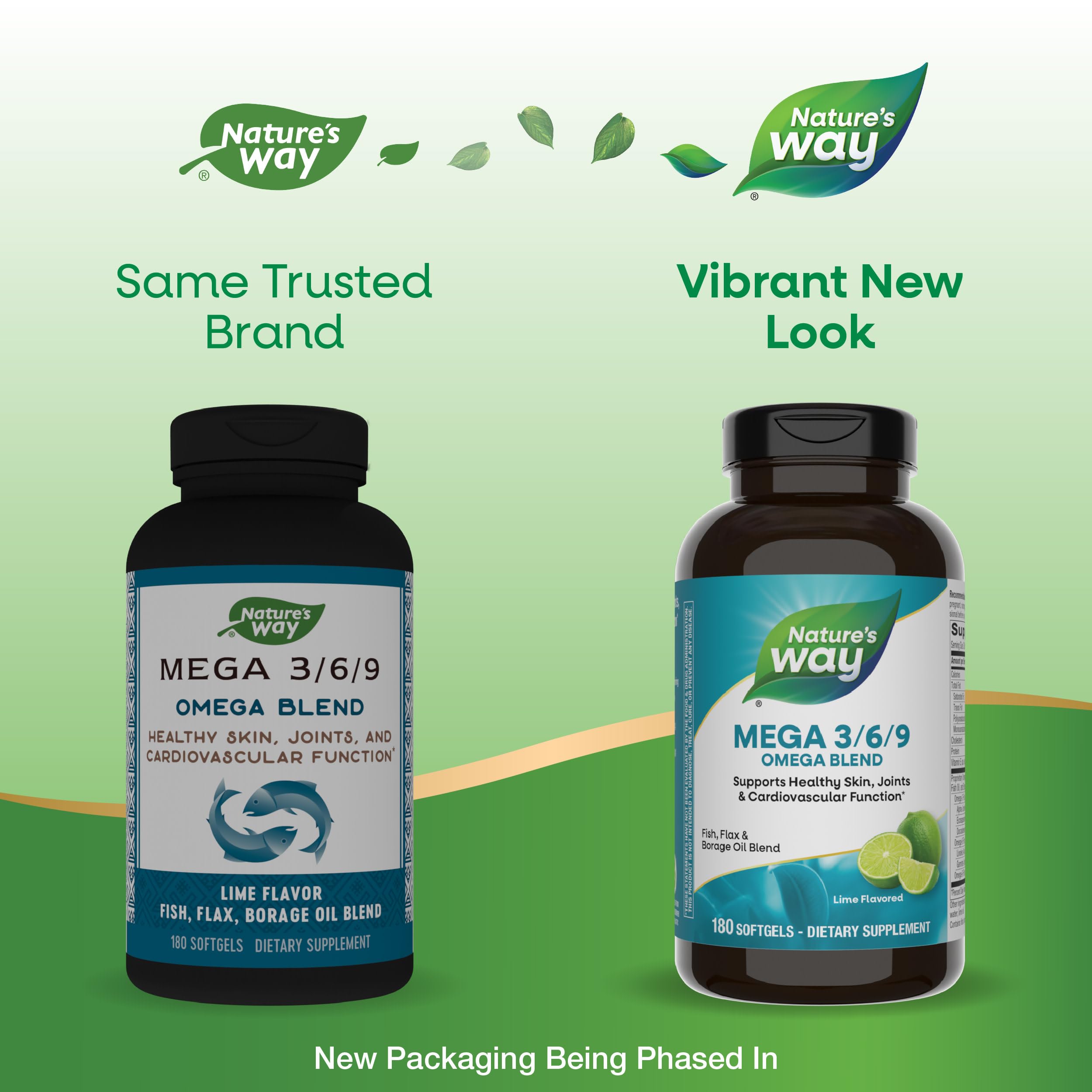Nature's Way Mega 3/6/9 softgel close-up highlighting lime flavor and omega blend