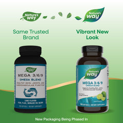 Nature's Way Mega 3/6/9 softgel close-up highlighting lime flavor and omega blend