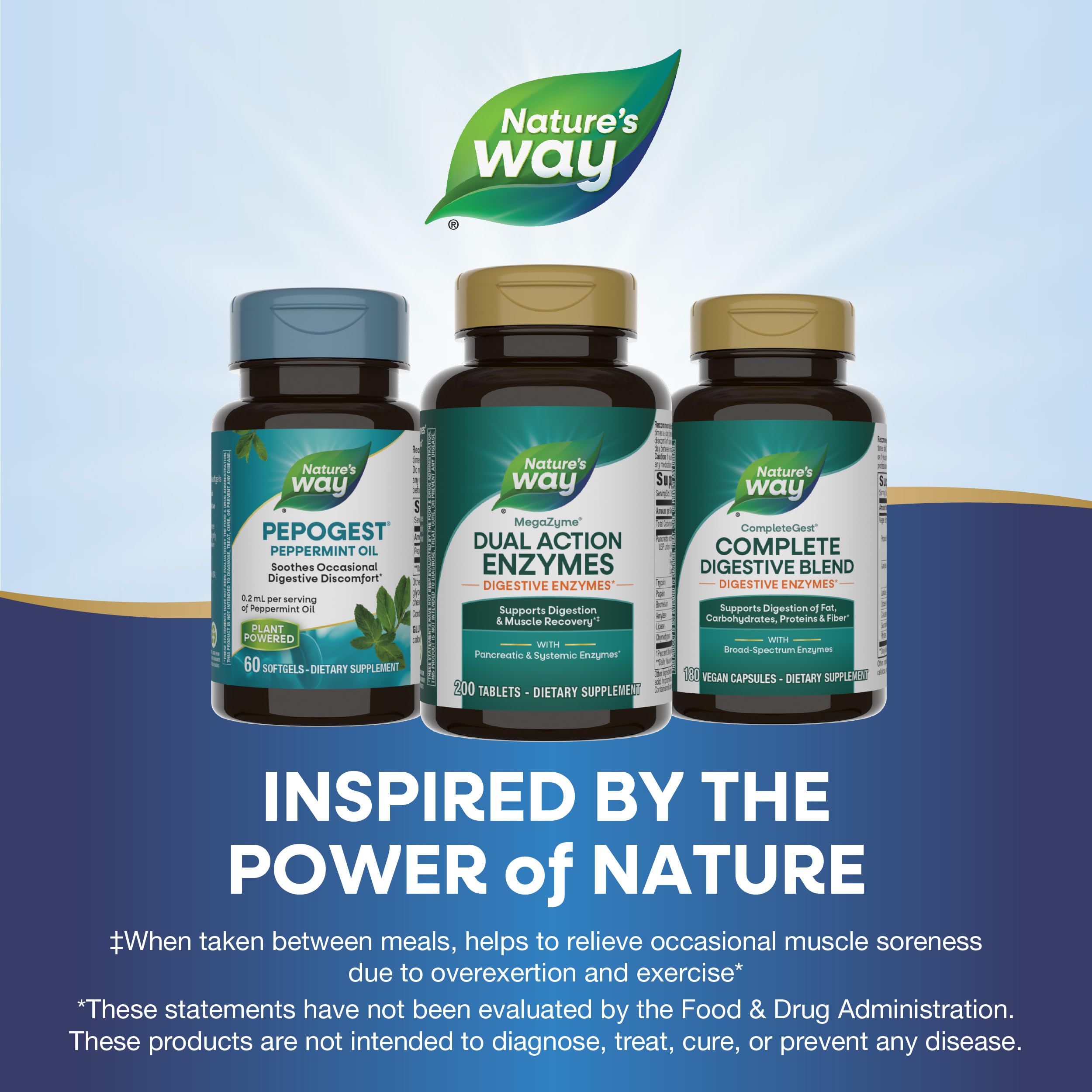 Nature's Way Mega-Zyme bottle with label guides adult dosing
