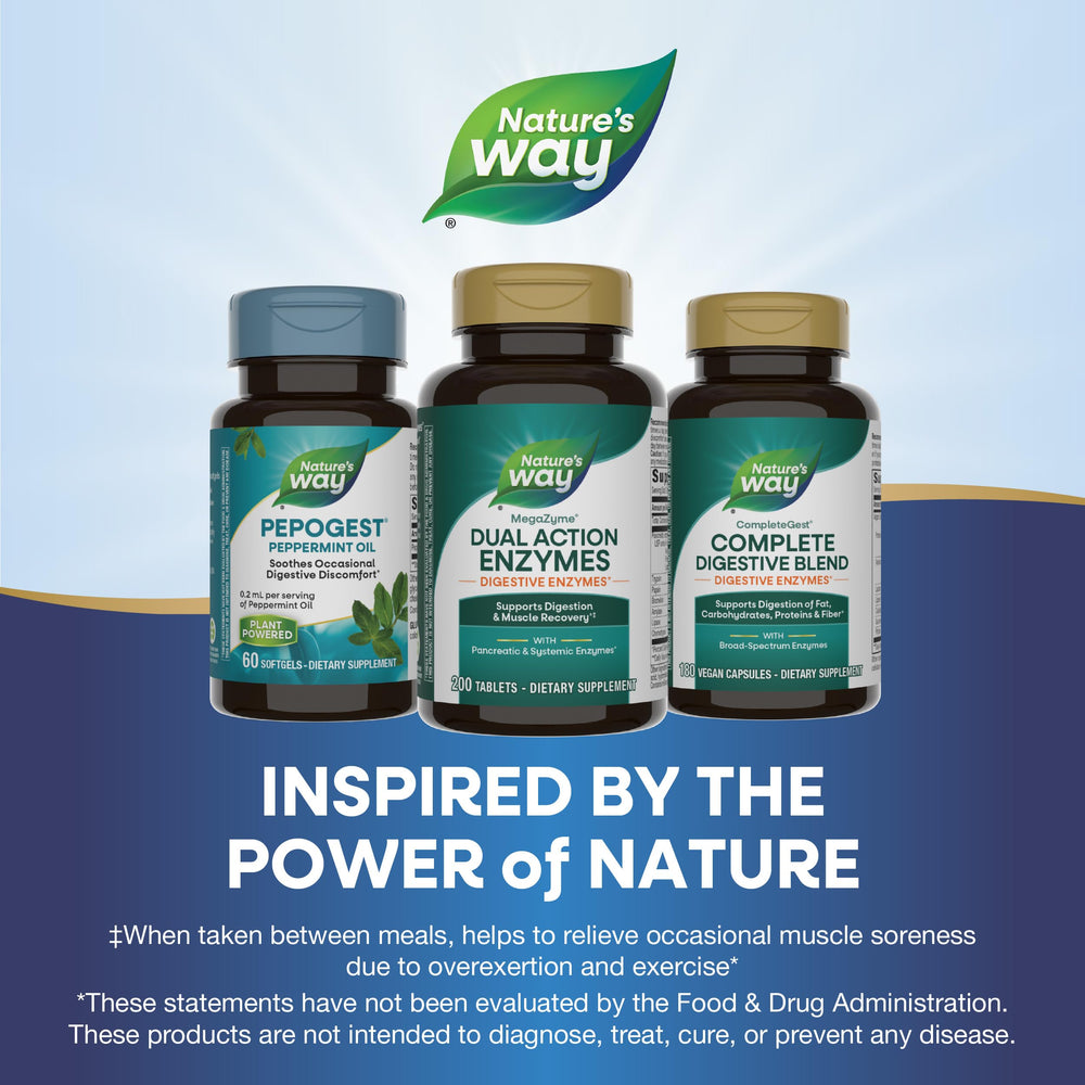 Nature's Way Mega-Zyme bottle with label guides adult dosing